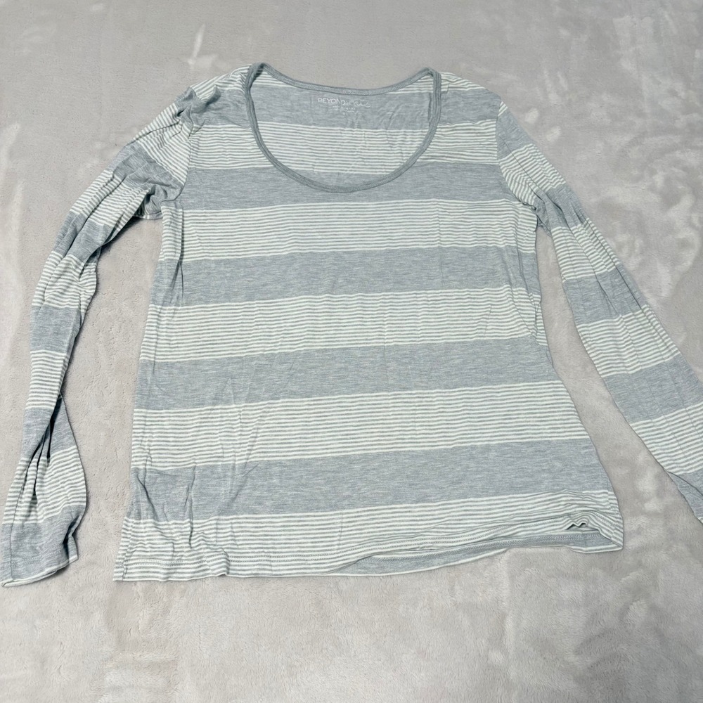 Beyond Yoga Striped Long Sleeve Scoop Neck Top Women Gray Size Small Modal Blend